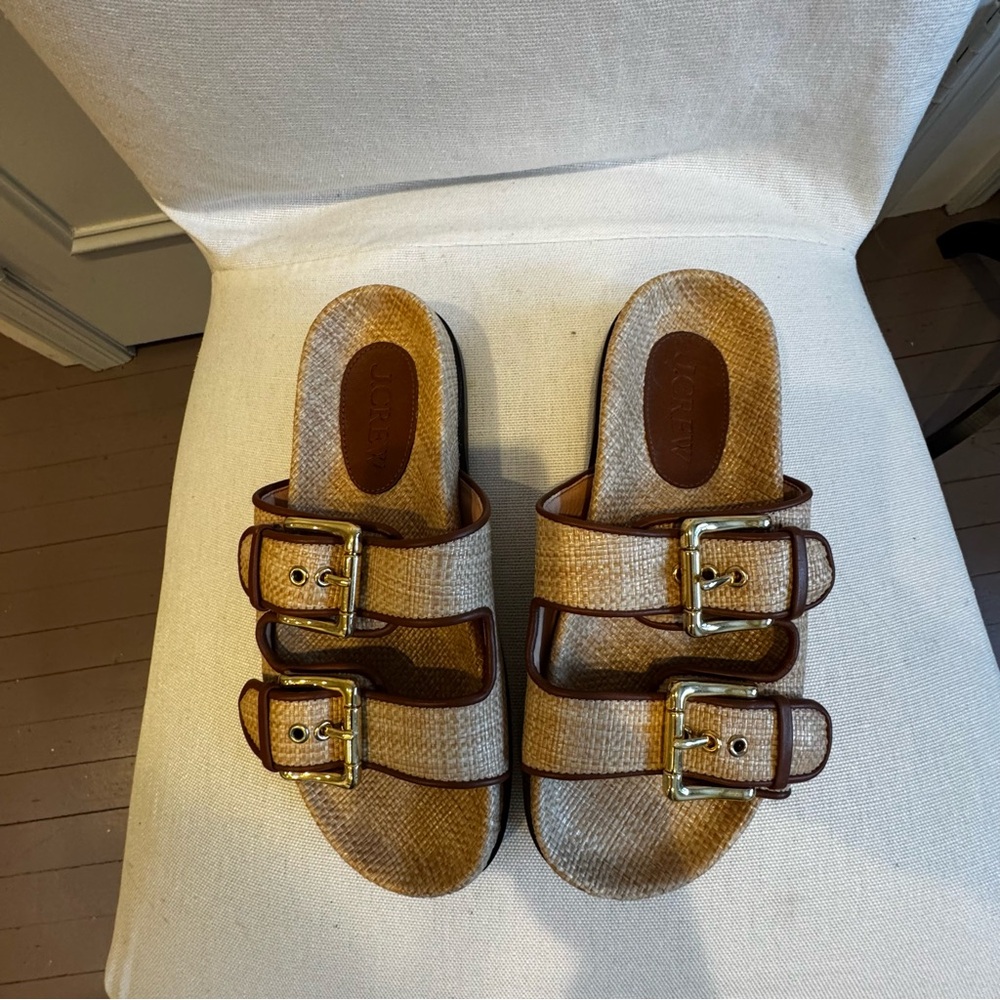 JCREW Colbie wide-strap buckle sandals in faux raffia